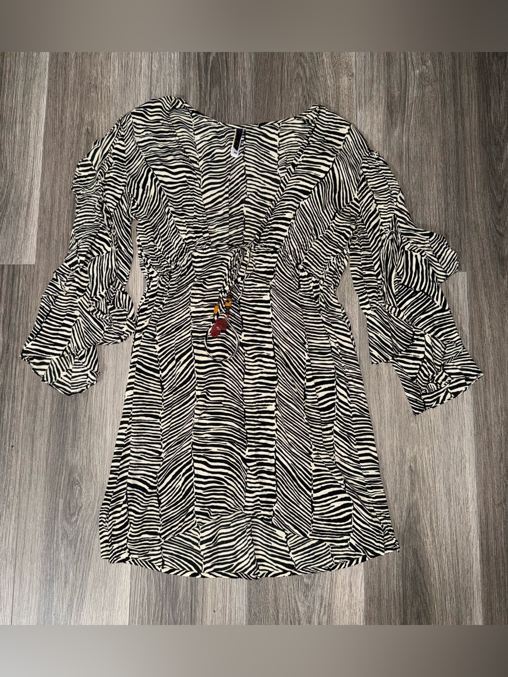 ViX Cream & Black Animal Print Beaded Tassel Cover Up Size Small Beach Boho Swim